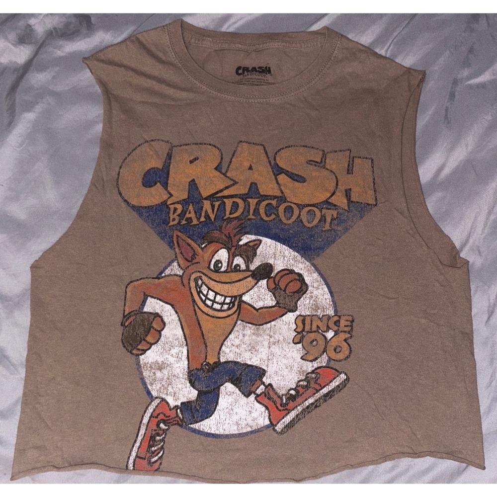 Crash Bandicoot Women's VTG Y2K Brown Cropped Muscle Tank Top, Size Small‎